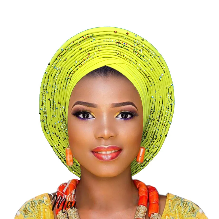yellow Новое поступление ASO OKE gele с бисером gele asooke головной убор для африканских - Цвет: yellow