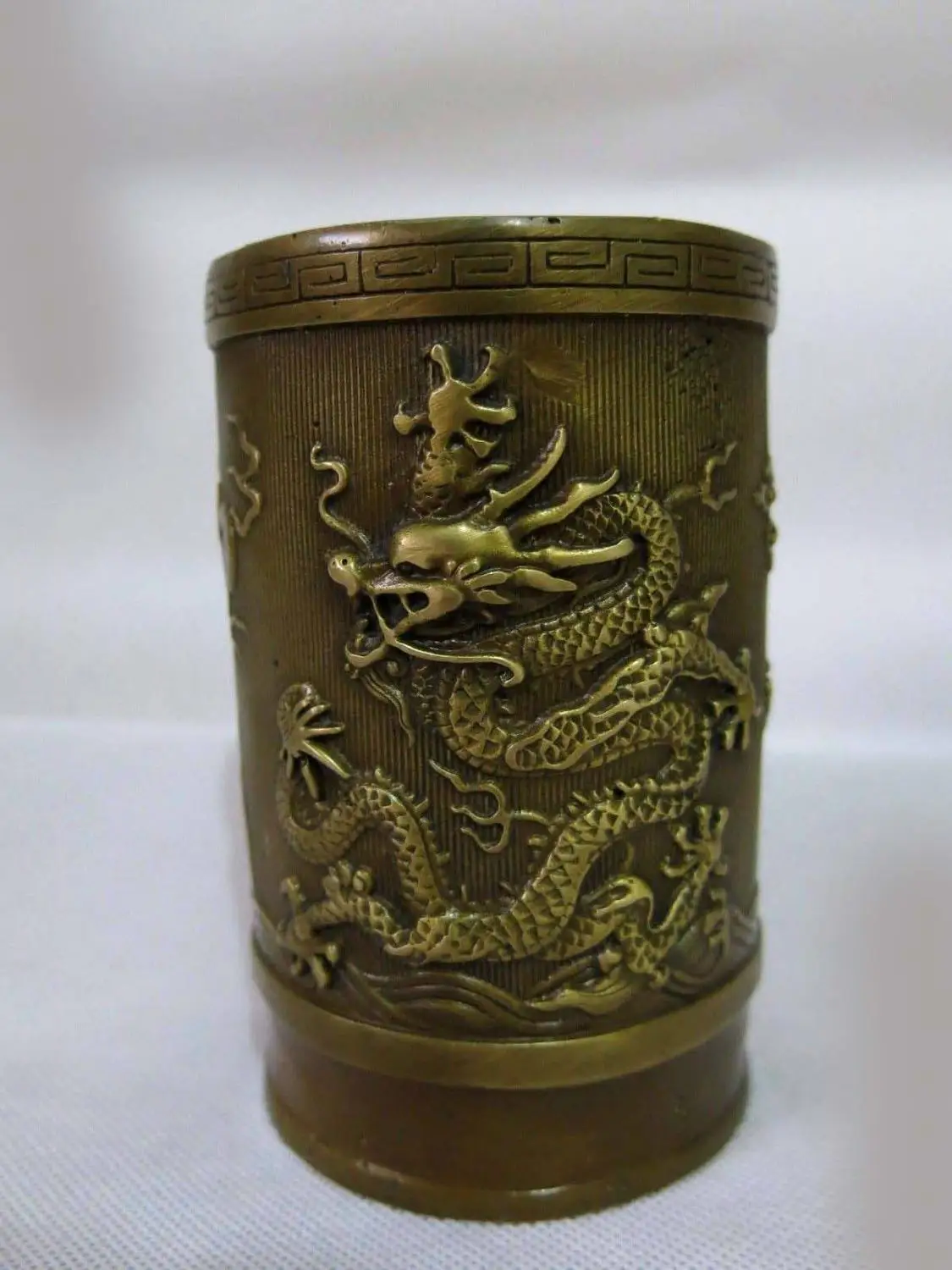 

DS China copper brass carved finely two dragons play bead brush pot Statue