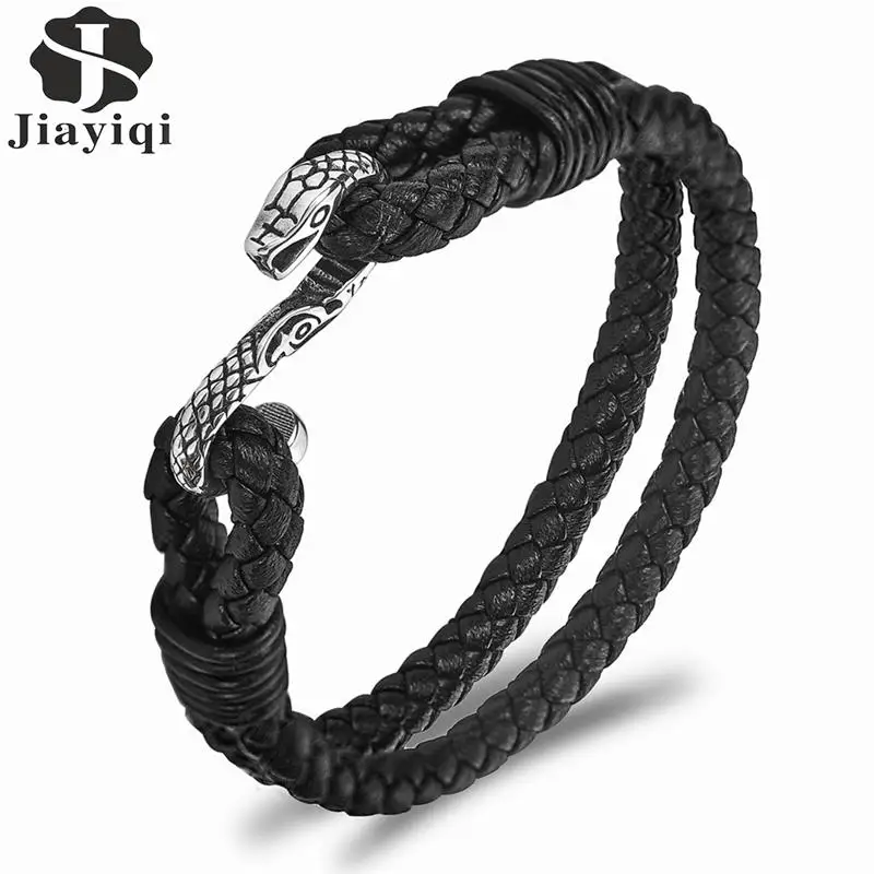 

Jiayiqi Unique Snake Hook Bracelet Trendy Double Layer Black Braided Leather Stainless Steel Jewelry Accessories Handmade Gifts
