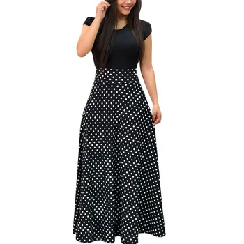 

KLV 2019 Summer new style Women's Ladies Short Sleeve Colour Splicing Wave Point Cocktail Party Dress free shipping D4