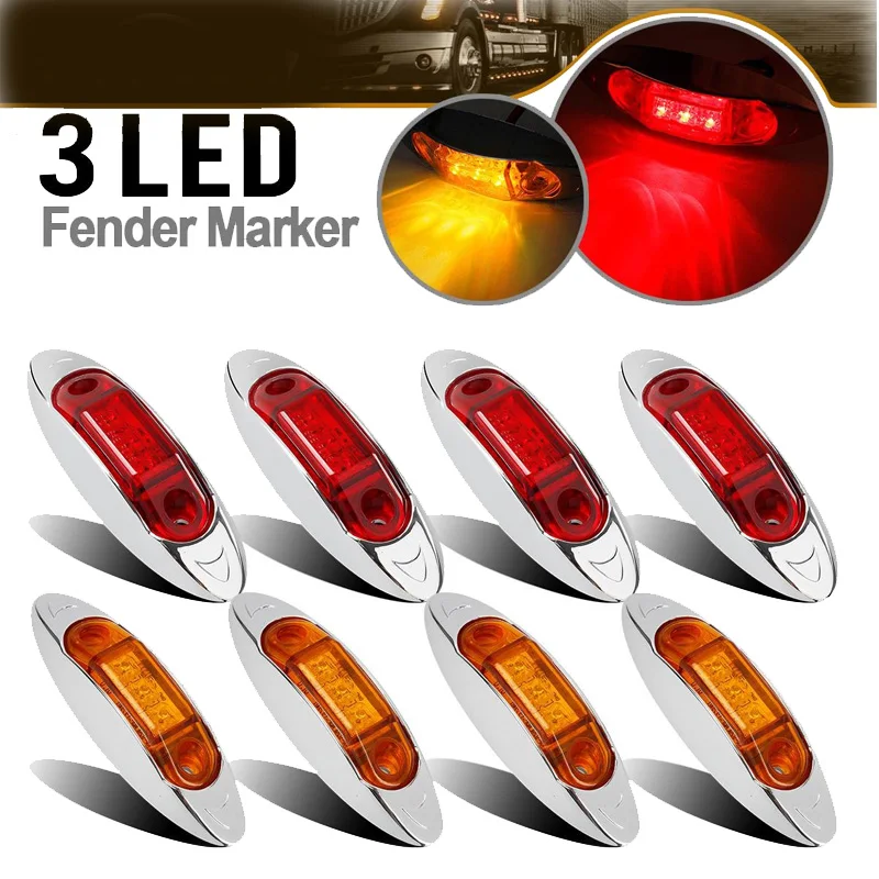 

Universal 10-30V Car Side Marker Light Truck Clearance Lights Trailer 3 LED Warning Lamp Oval Chrome Base for 12v/24v Vehicle
