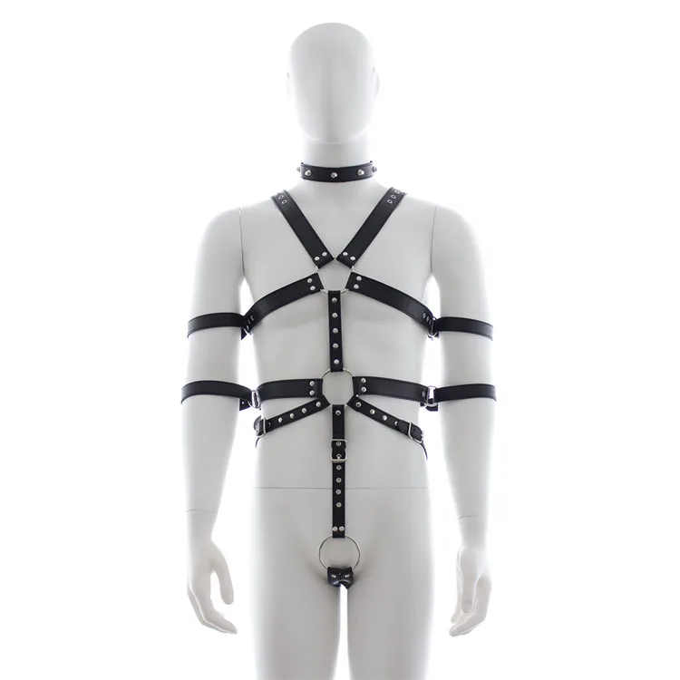 

PVC Male Sexy Lingerie Fetish Bondage Restraint Faux Leather Harness for Men with Collar and Cock Ring Bodysuit Erotic Costumes