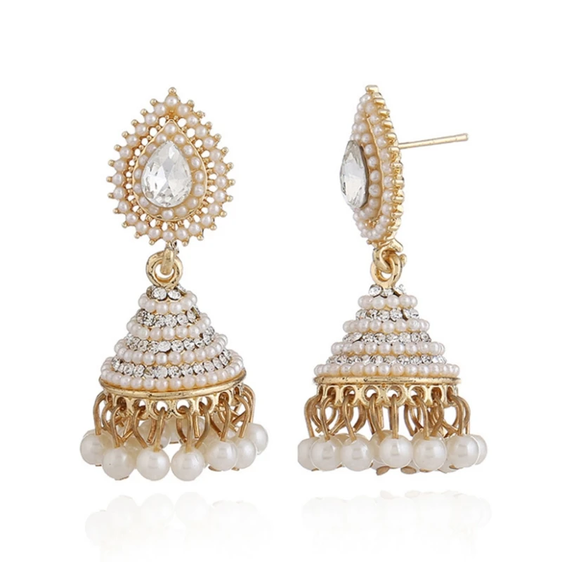 Модные индийские серьги-подвески Jhumka Jhumki с искусственным жемчугом, женские длинные золотые свадебные вечерние ювелирные изделия, подарки