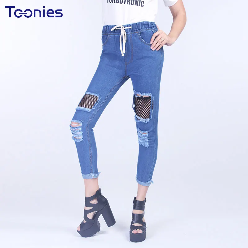 

Toonies Denim Pants Female 2017 New Summer Hole Ripped Jeans Women Loose Ankle Length Denim Pants Elastic Waist Fashion Hot Sale