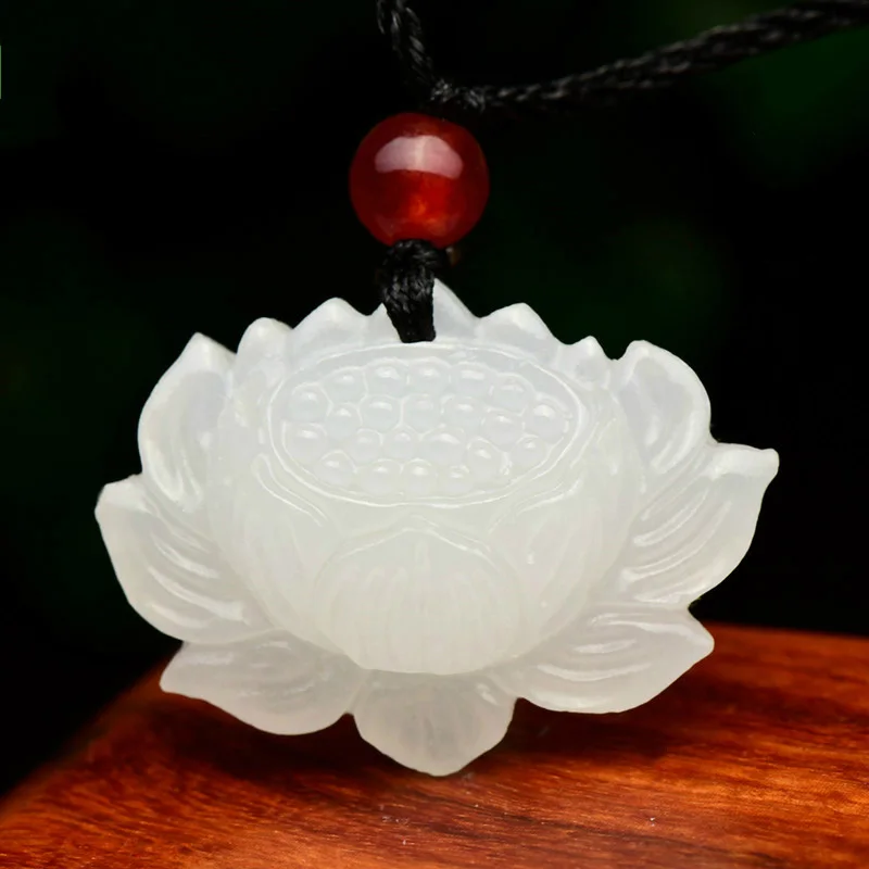 Drop shipping XinJiang White Jade Pendant Necklace Jade Lotus Flower Lucky Amulet Necklace With Chain For Men Women Drop shipping XinJiang White Jade Pendant Necklace Jade Lotus Flower Lucky Amulet Necklace With Chain For Men Women