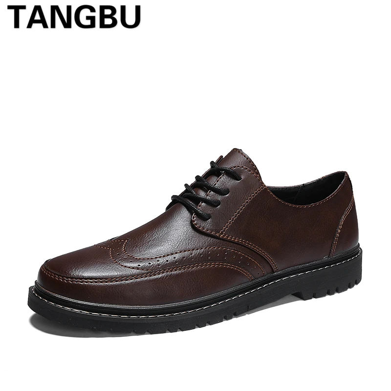 Tangbu/Брендовые мужские туфли-броги с острым носком; Повседневная дышащая рабочая обувь на шнуровке в деловом стиле; модная кожаная мужская