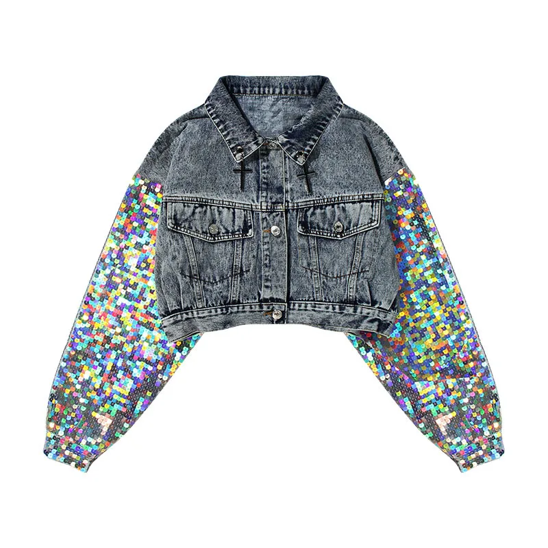 

Bling Sequins Sleeve Jean Jacket Kpop Korean Style Women Street Slim Outwear Short Design Autumn Punk Denim Coat LT313S20
