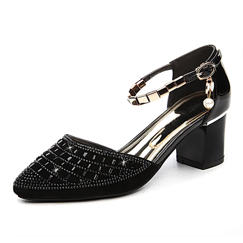 

Brand Women Kid Suede Leather Square High Heels Rhinestone Ankle Ladies Wedding Party Shoes Woman Summer Sandals YG-B0058