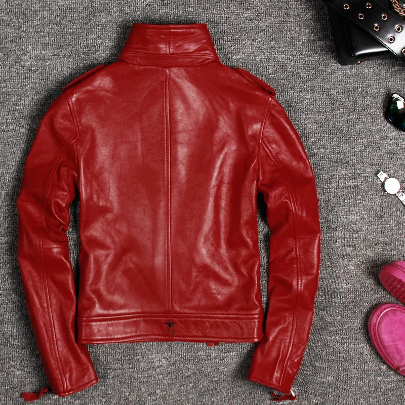 Genuine Leather Jacket Coat Women Real Sheepskin Motorcycle Biker Leather Jacket Slim Fit Female Ladies Outerwear Red Black