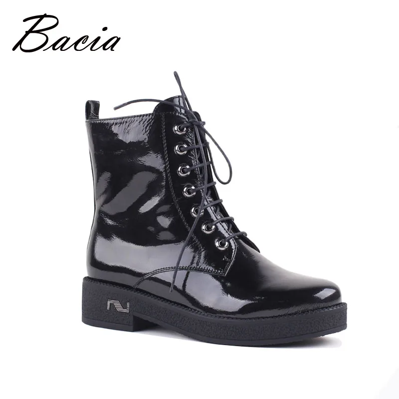 

Bacia Genuine Leather Boots 11.11 Black Autumn Short Boot Leather Female Solid Handmade Patent Leather Women Brand Shoes VF001