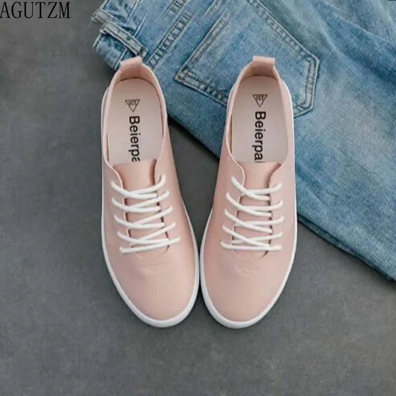 

2018 New Women Pink Sneakers Female White Shoes Lace Up Flat Heel All Match Must Have Lady Flats Spring Leather Shoes v478