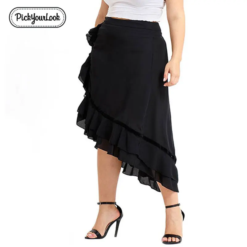 Pickyourlook Women Asymmetrical Midi Skirt Plus Size Solid Black Ruffled Female Oversized Skirts Casual Large Size Lady Skirt Pickyourlook Women Asymmetrical Midi Skirt Plus Size Solid Black Ruffled Female Oversized Skirts Casual Large Size Lady Skirt