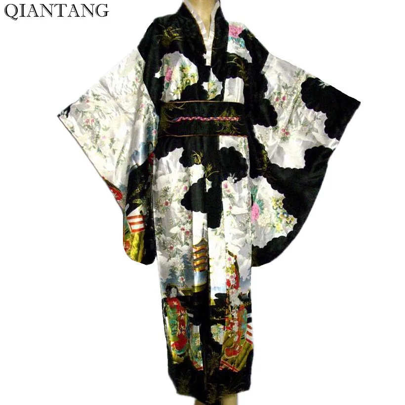 Черный Винтаж японский Для женщин шелковый атлас кимоно Mujeres Quimono юката вечернее платье цветок один размер H0007