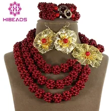 Горячая с красными цветами нигерийские свадьбные африканские бусины коралловые Свадебные украшения бусины Цепочки и ожерелья браслет серьги CJ035