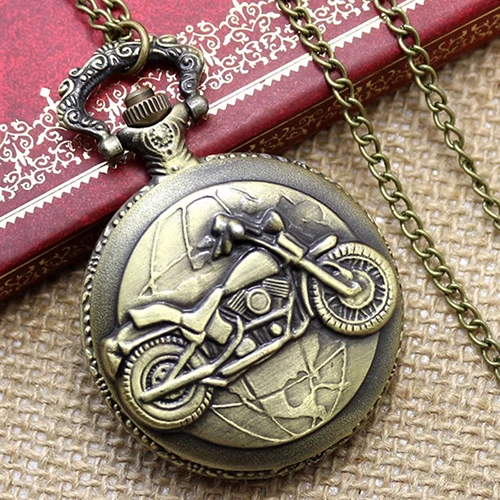 Винтаж бронзовый мотоцикл узор карманные часы цепочки и ожерелья кулон для мужчин для женщин подарок