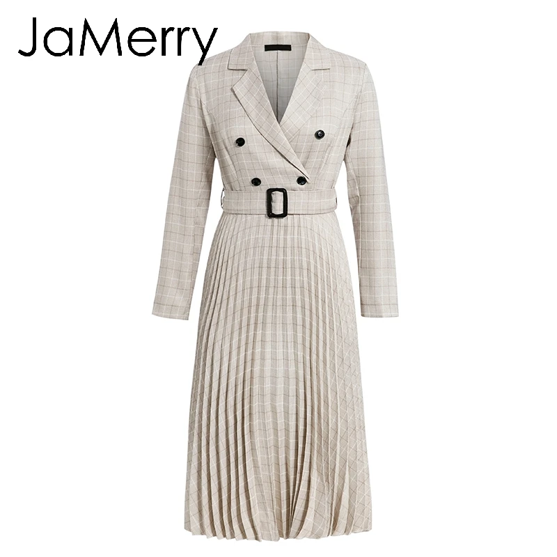 Light Apricot JaMerry винтажное клетчатое женское платье на пуговицах с поясом, элегантный Блейзер, плиссированное ТРАПЕЦИЕВИДНОЕ офисное женское платье с длинным рукавом, worek, одежда для вечеринок - Цвет: Light Apricot