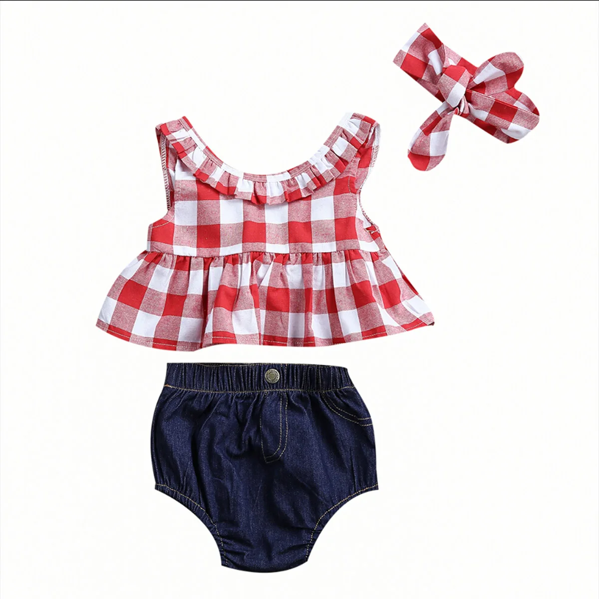 3pcs Cute Kids Baby Girls Clothes Plaid Vest Sleeveless T-shirts Tops+Denim Briefs+Headwear Fashion Summer Outfits 3pcs Cute Kids Baby Girls Clothes Plaid Vest Sleeveless T-shirts Tops+Denim Briefs+Headwear Fashion Summer Outfits