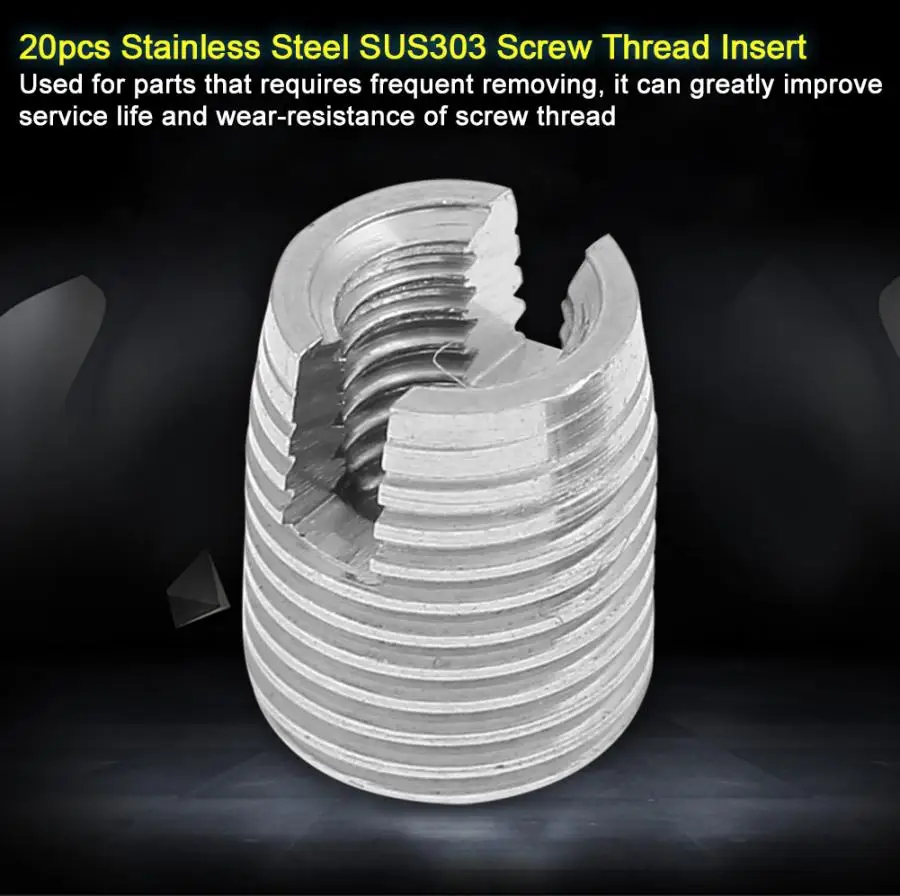 

20Pcs/Set Threaded Insert Stainless Steel SUS303 Helical Insert Self Tapping Slotted Screw Thread Repair Insert M3 x 6mm