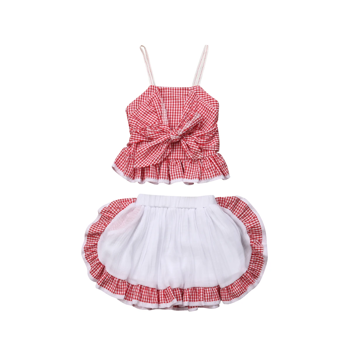 

Kid Baby Girl Ruffle Plaid Sleeveless Strap Bow Tie Shirt Party Tutu Skirt Outfits Clothes Set 2019