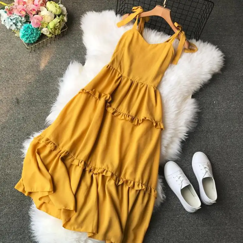 

Women Spaghetti Strap Dress Vestidos 2019 New Summer Casual Loose Vintage Bandage Dresses Female V Neck Beach Long Robe Femme