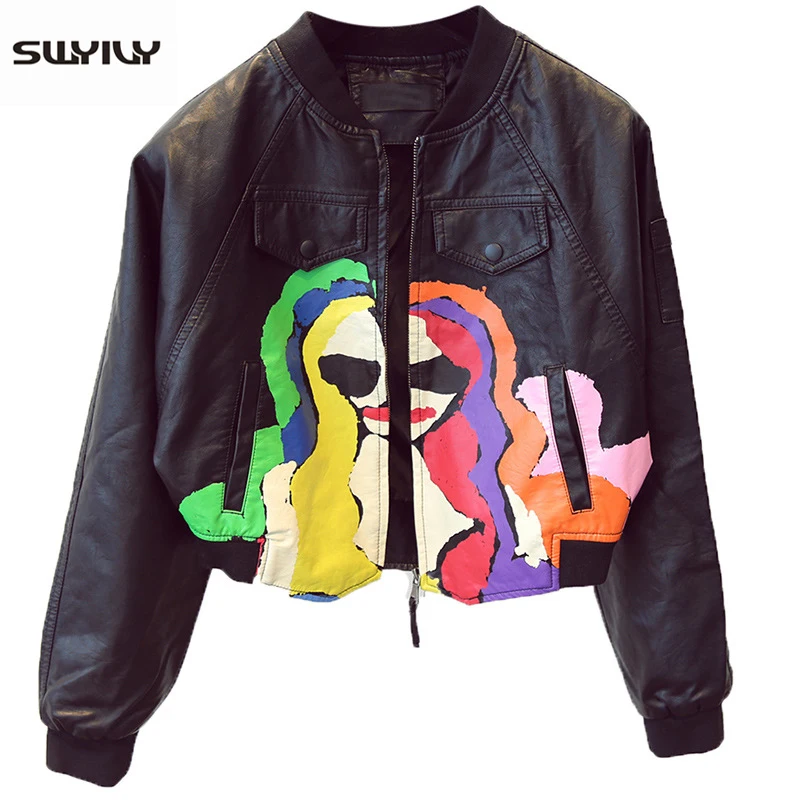 SWYIVY Faux Leather Jacket Women Print 2019 Spring Clothing Lady Short Design Jackets Female Baseball Coats Loose Woman Jackets