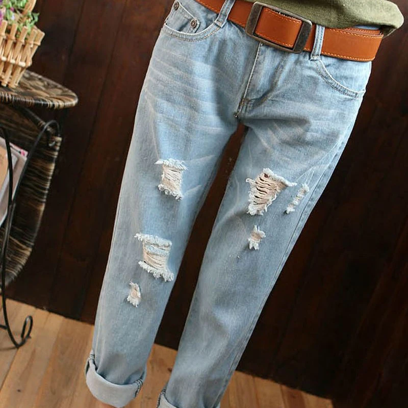2017 Summer Spring Women Jeans Ripped Distressed Calf Length Pants BF