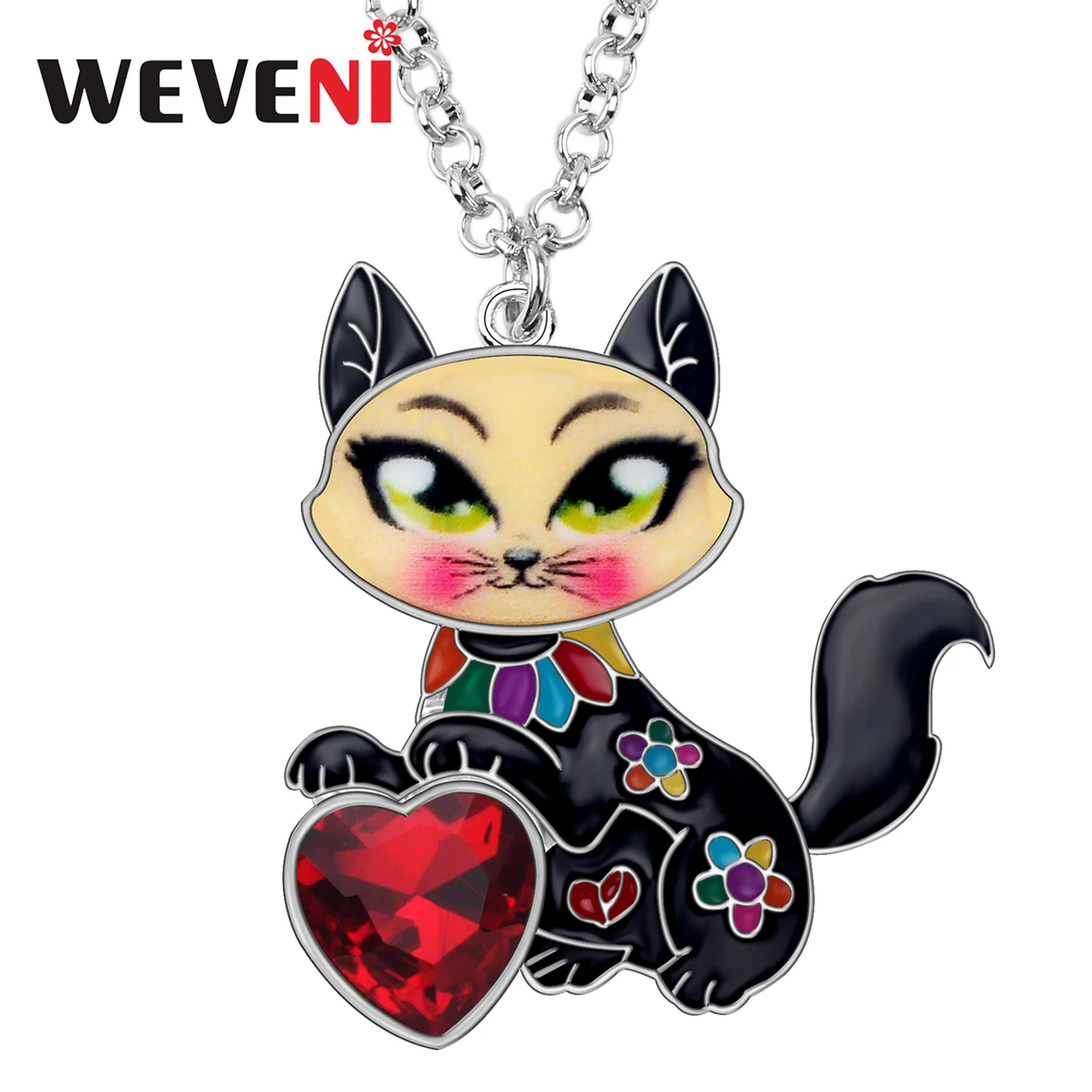

WEVENI Enamel Alloy Rhinestone Sweet Cat Necklace Pendant Collar Fashion Animal Crystal Jewelry For Women Girls Teens Gift Party