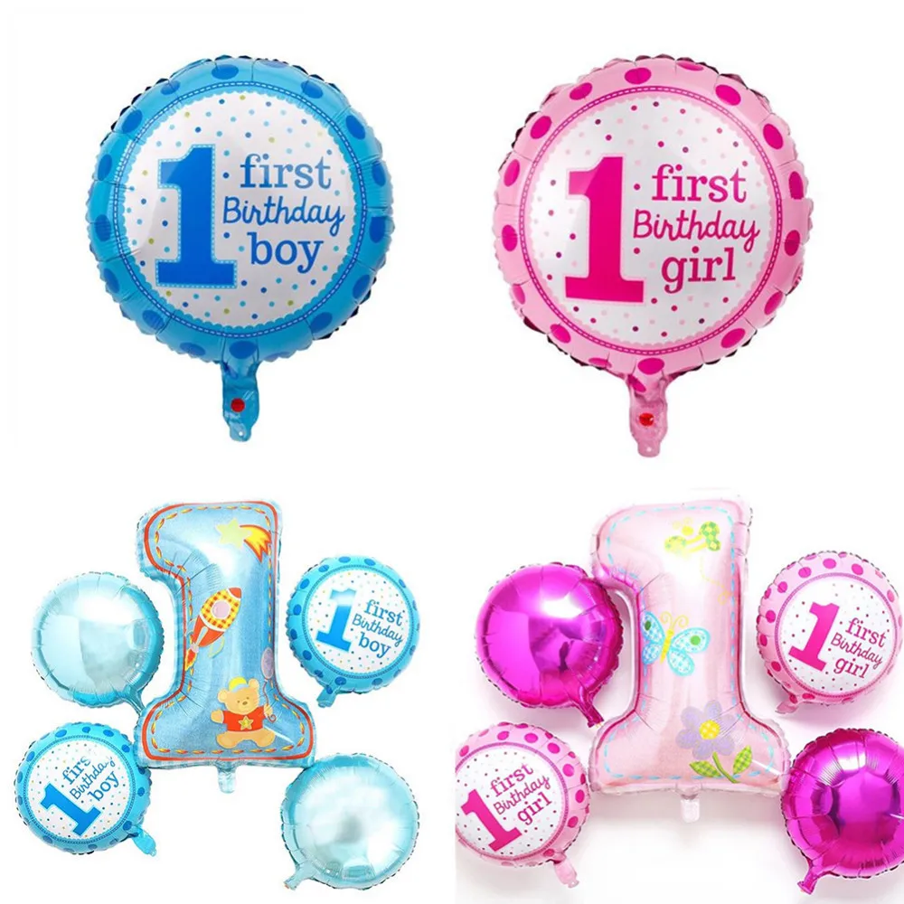 5pcs Baby 1st Birthday Balloons Blue Pink Foil Balloon Happy Birthday
