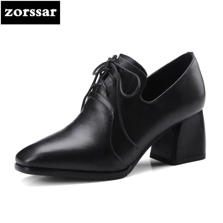 

{Zorssar} Brand fashion Genuine Leather women shoes High heels pumps Lace-up Pointed toe shoes ladies dress shoes big size 42