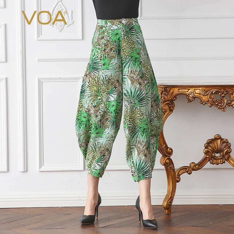 VOA 2018 Spring Summer New Green Silk Women Boho Beach Harem Pants Mid