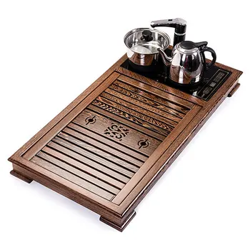 

solid wood tea tray Four in one electric tea stove chicken wing wood Kung Fu tea set home large drainage tea table