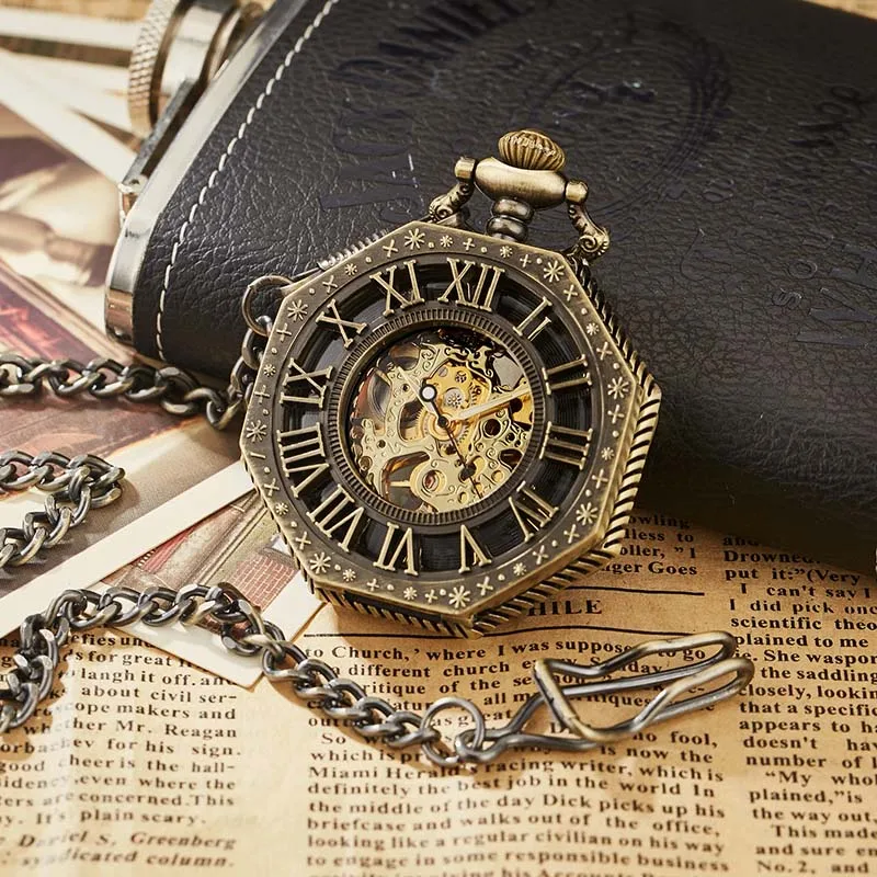 Шестиугольные Механические карманные часы золотистого, серебряного, бронзового цвета с цепочкой Fob с коробкой для мужчин и женщин, женские часы, мужские винтажные подарки - Цвет: PM005