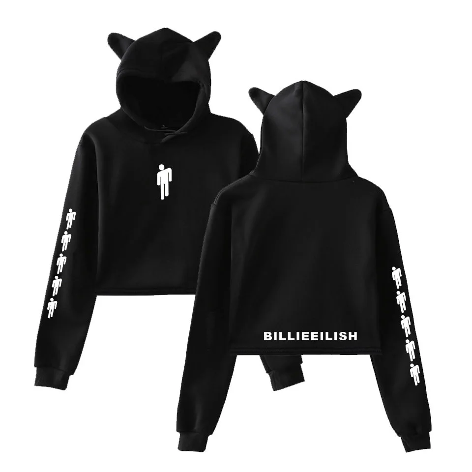 

Billie Eilish Cropped Hoodie women Sweatshirt ladies tops Cat Hooded Pullover Crop Tops hoodies and sweatshirts girls clothes