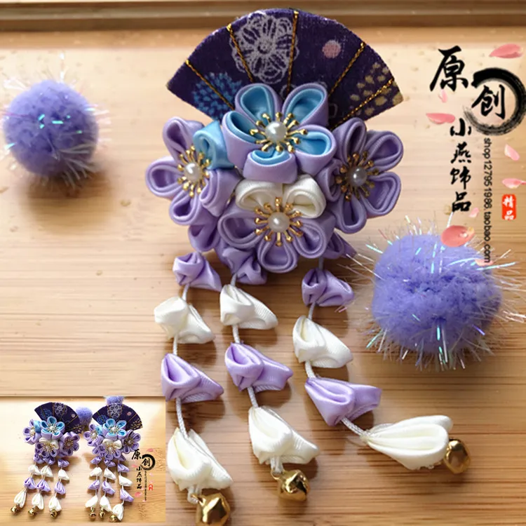 

Handmade Hairpin Classical Cosplay Accessories Violet Kanzashi Sakura Tassel Tsumami Zaiku Kimono Yukata Women Lolita Hair Clip