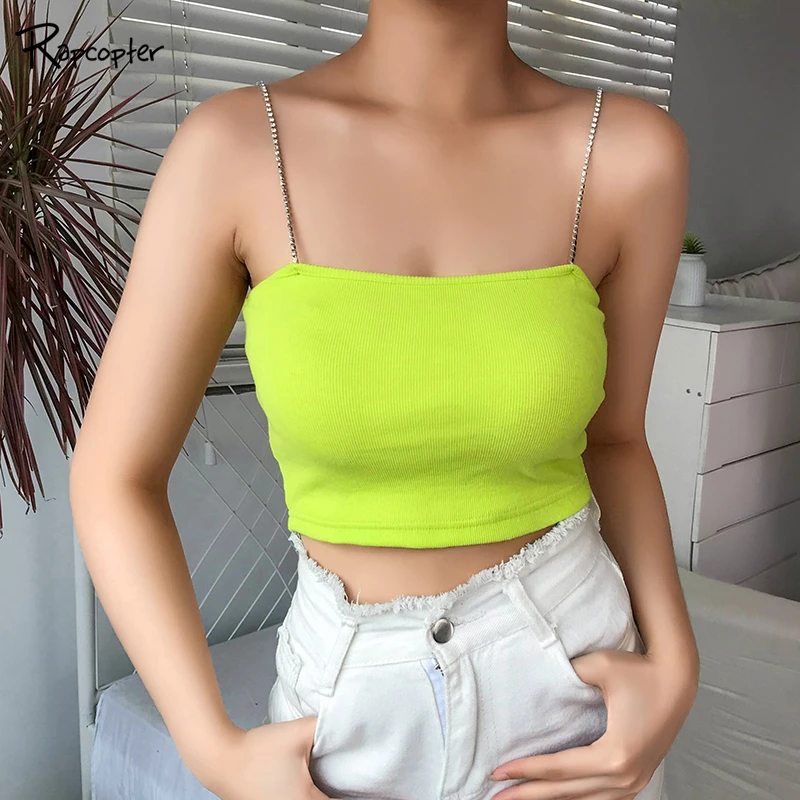 

Rapcopter Womens Fluorescent Green Solid Camis Sleeveless High Street Sexy Backless Crop Top Ladies Summer Rib Fashion Camisole