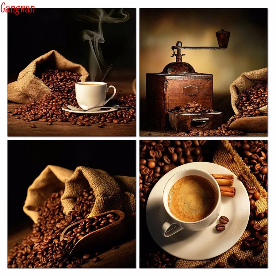 DIY Diamond Embroidery Coffee art hobby 4 pcs Cross Stitch 5D DIY Diamond mosaic diamond painting rhinestones kitchen decoration