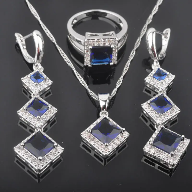 

Square Blue Stone Cubic Zirconia Women's 925 Sterling Silver Jewelry Sets Earrings/Pendant/Necklace/Rings Free Shipping QZ0200