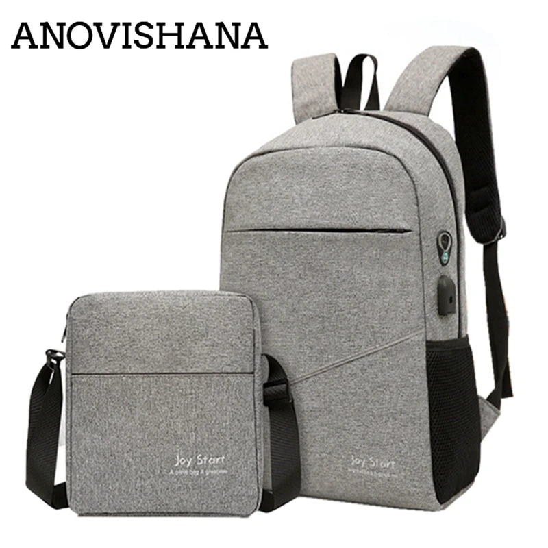 

ANOVISHANA External USB Charging Teenagers 2pcs Bag Headphone Hole Unisex Backpacks Student Crossbody Satchel Rucksack Moclila
