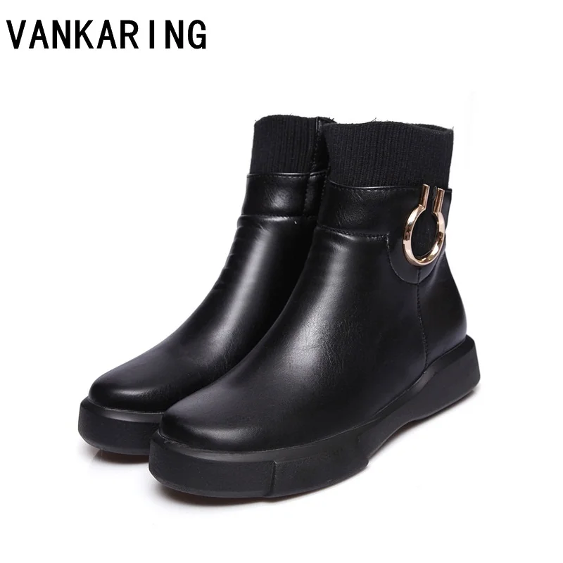 

VANKARING women ankle boots sexy ladies fretwork flat heels shoes woman stretch socking winter boots women warm shoes platform