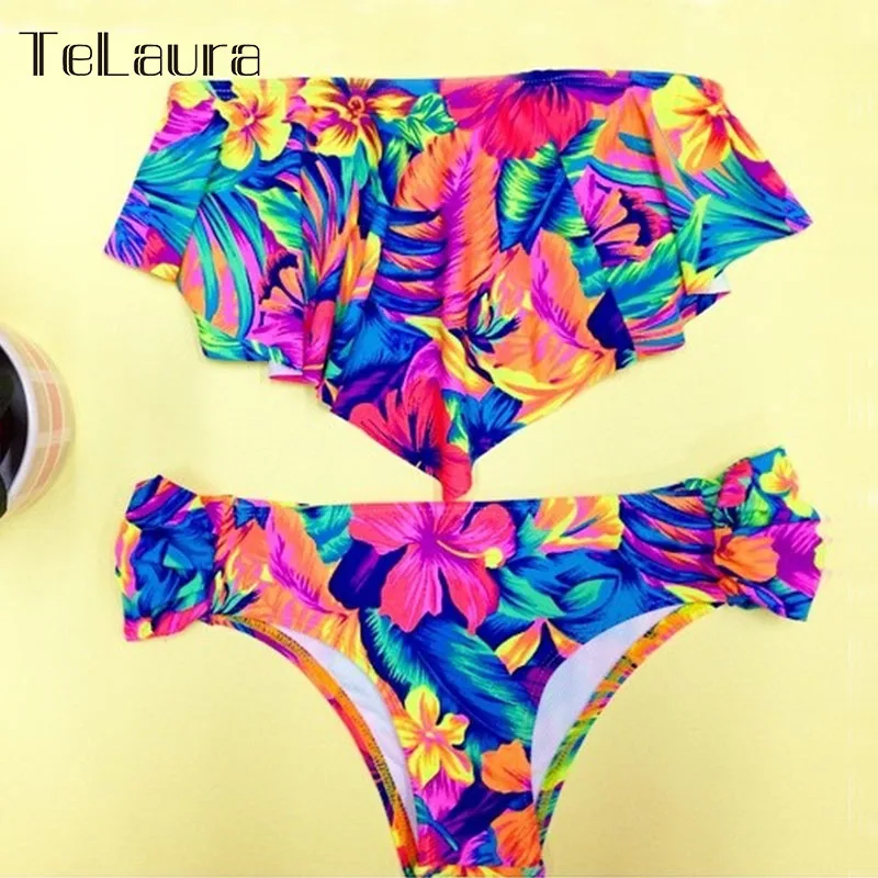 

2019 New Sexy Bikini Swimwear Women Biquini Ruffle Swimsuit Floral Print Off Shoulder Bikini Push Up Bathing Suits Beach Wear