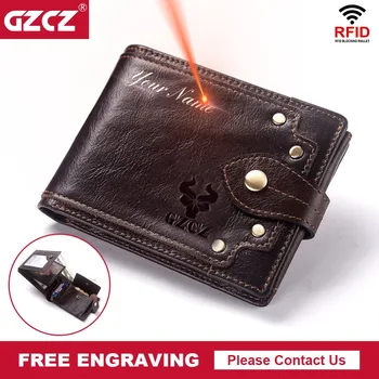 

GZCZ Engraving Genuine Leather Trifold Men Wallet Coin Purse Male Vintage Zipper Walet Portomonee PORTFOLIO Card Holder for Boy