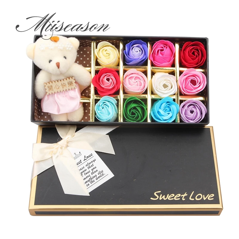 Details about   12pcs Scented Soap Flower Roses Cute Teddy Gift Box Petals Valentines Day 