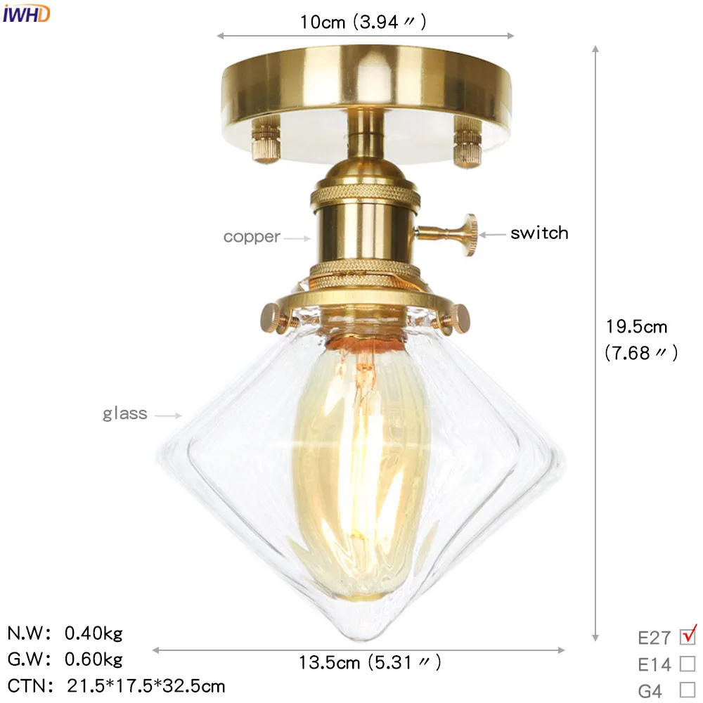 IWHD, скандинавский стеклянный шар, потолочный светильник, светодиодный, для гостиной, крыльца, домашнего освещения, винтажный медный потолочный светильник, плафон, Lampara Techo - Цвет корпуса: Copper
