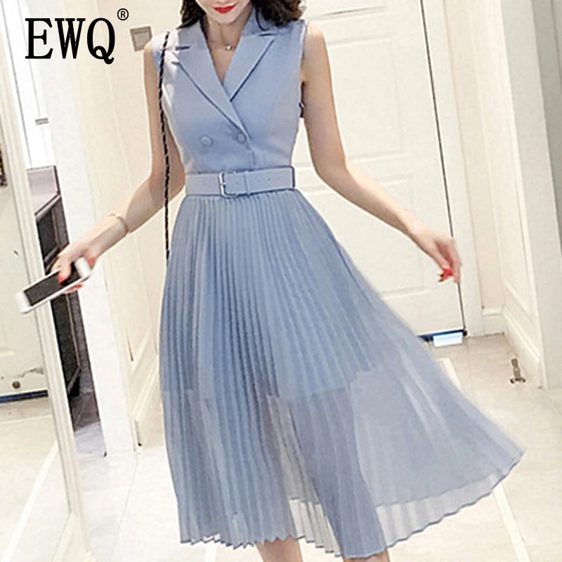 EWQ] 2018 verano otoño nuevo plisado de mujer de estilo Casual de línea a de azul cielo KB180|Vestidos| - AliExpress