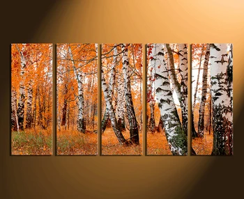 

5 Piece Wall Decor, Orange Panoramic Huge Canvas Print, Scenery Multi Panel Art, Nature Photography, Trees Large Pictures