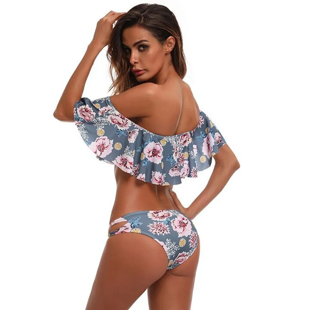 Off Shoulder Bikini Swimsuit Ruffle Sexy Strapless Bikini Floral Bandeau Swimsuit Female Bathing Suit Women BK50005