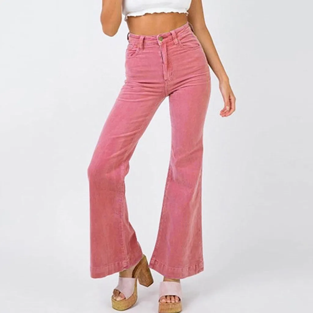 Розовая Вельветовая Высокая талия расклешенные штаны на каждый день хаки широкие брюки женские зимние брюки винтажные Брюки-клёш#3