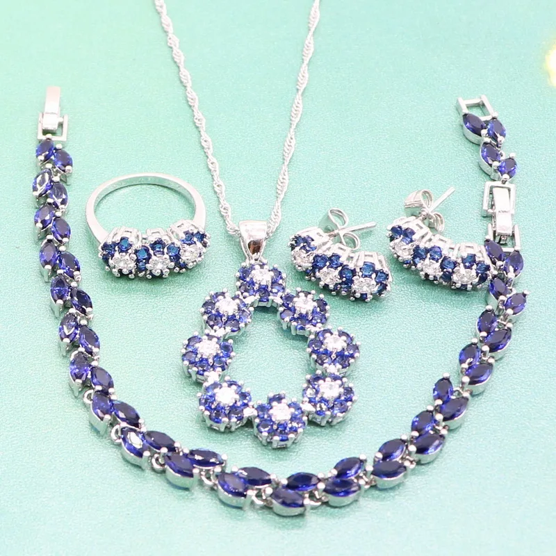 

Dark Blue Zircon 925 Sterling Silver Jewelry Sets for Women Wedding Pendants Necklaces Stud Earrings Ring Bracelet Free Gift Box