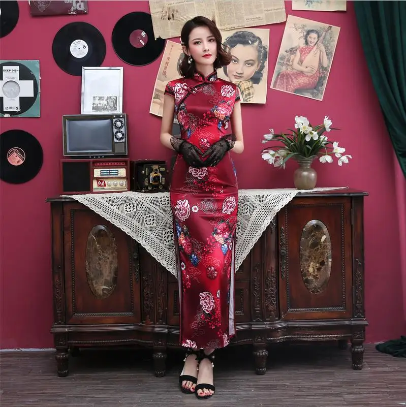 83270 Пуговица ручной работы Qipao Винтаж китайский воротник Qipao Новинка тонкий принт короткий рукав кружева отделка Cheongsam Vestidos Размер M-4XL - Цвет: 83270