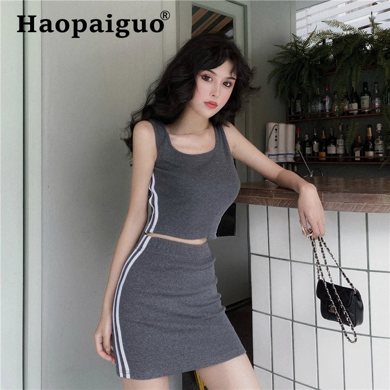 

Summer Print Striped Sport Two Piece Set Black Casual Tank Blouse and Mini Wrap Skirt Ladies Gray Sports Sleeveless 2 Piece Set